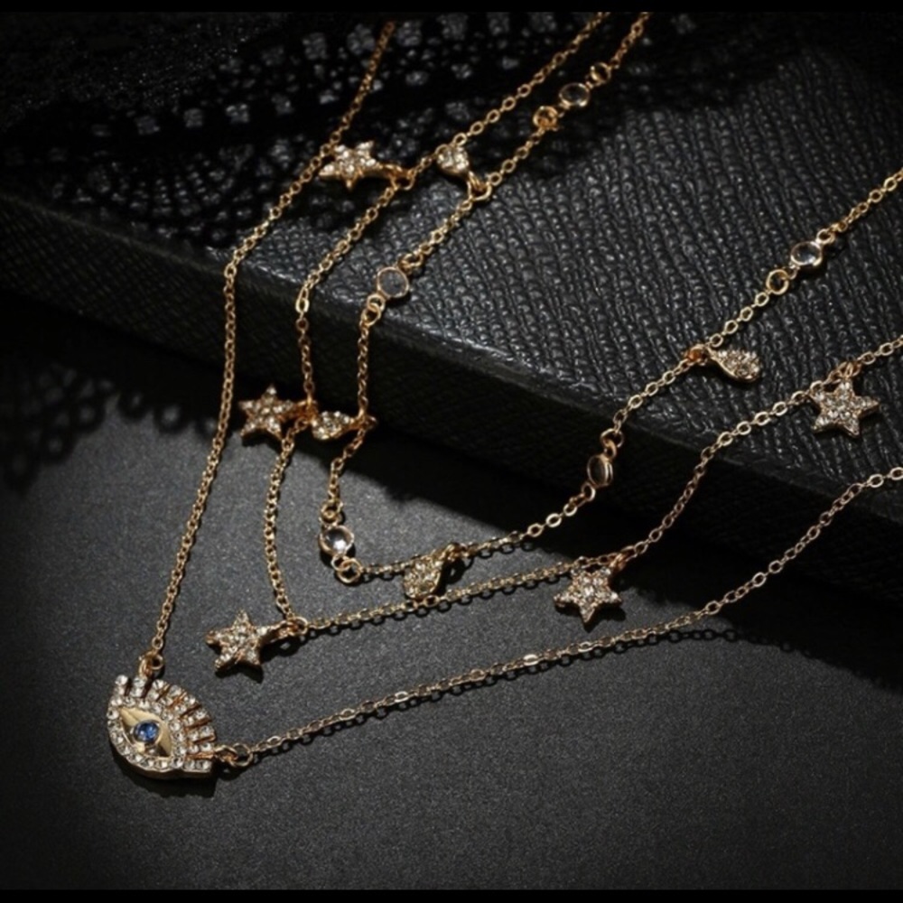Multilayer Gold Star/Crystal/Evil Eye Chocker